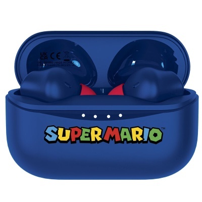 Estojo azul escuro com auriculares e texto SUPERMARIO colorido
