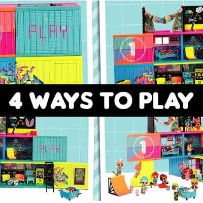 Conjunto de brinquedo colorido com vários compartimentos e bonecos em fundo listrado azul e branco