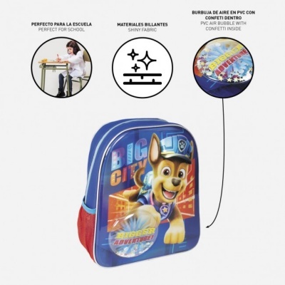 Mochila azul infantil com personagem Chase e bolha de ar com confeti