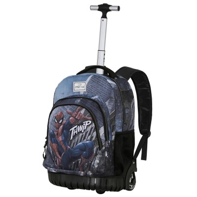 Mochila azul com carrinho e imagem do Homem-Aranha