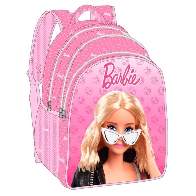 Mochila rosa com imagem da Barbie e texto 'Barbie' na frente.