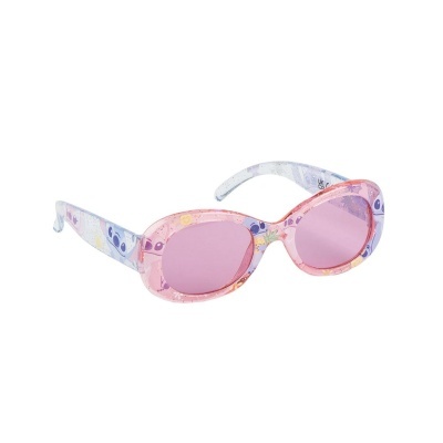 Óculos de sol rosa e lilás com padrão decorativo e lentes cor de rosa