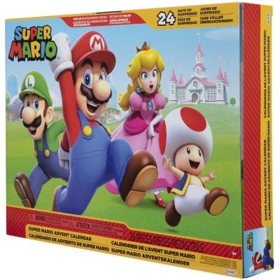 Caixa do calendário do advento Super Mario com personagens e castelo ao fundo