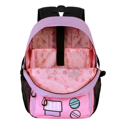 Mochila rosa lilás aberta mostrando o interior com padrão rosa e bolso frontal com desenhos coloridos