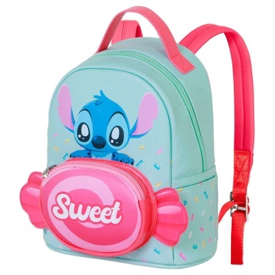 Mochila infantil azul com estampa de Stitch e bolso frontal rosa em formato de doce com a palavra Sweet
