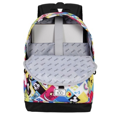 Mochila colorida Disney com interior estampado e etiqueta Disney 100