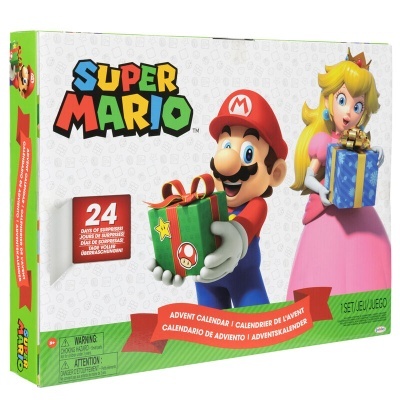 Caixa do Calendário do Advento Super Mario com Mario e Princesa Peach segurando presentes.