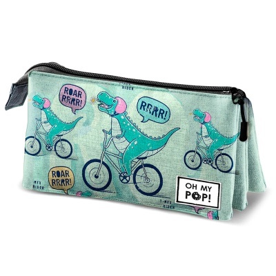 Estojo azul claro com dinossauros verdes em bicicletas e texto 'OH MY POP!'.