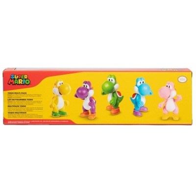Caixa de brinquedos Super Mario com cinco figuras Yoshi de várias cores.