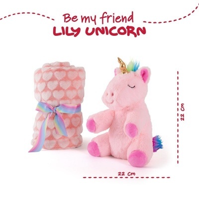 Brinquedo de peluche unicórnio rosa com manta rosa com corações e fita colorida