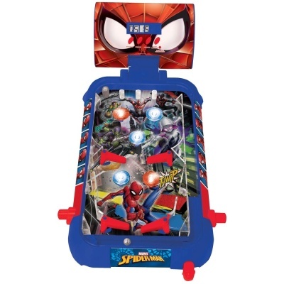 Jogo de pinball infantil do Spider-Man com cores azul e vermelho.