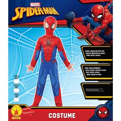 Fantasia Homem-Aranha Marvel, vermelho e azul, com padrões de teia e embalagem com texto