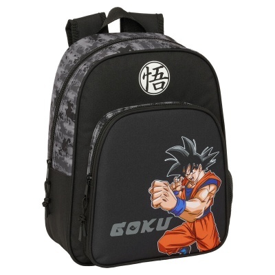 Mochila preta com estampa do personagem Goku e texto GOKU