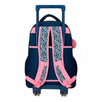 Mochila de carrinho azul escuro com alças rosa e padrão floral azul