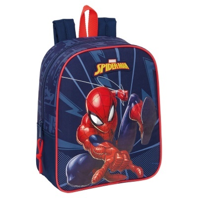 Mochila infantil azul com print do Spider-Man e detalhes vermelhos.