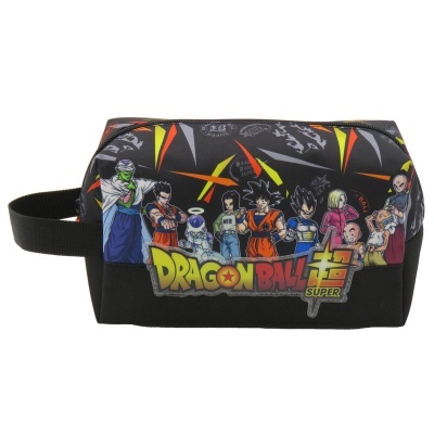 Necessaire preta com personagens coloridos de Dragon Ball Super e texto DRAGON BALL SUPER