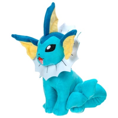Pelúcia do Pokémon Vaporeon azul com detalhes amarelos e gola branca