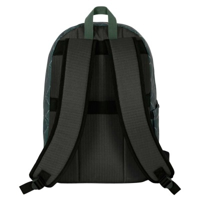 Mochila cinzenta e verde vista de trás com alças acolchoadas