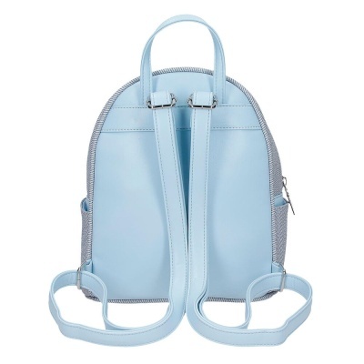 Mochila pequena azul clara com alças ajustáveis e laterais cinza em tecido