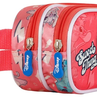 Estojo escolar rosa com desenhos Stitch e texto 'Sweet Thing'