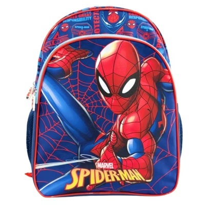 Mochila azul com estampa do Spider-Man e texto MARVEL SPIDER-MAN