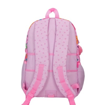Mochila rosa com alças almofadadas e bolsos laterais de rede
