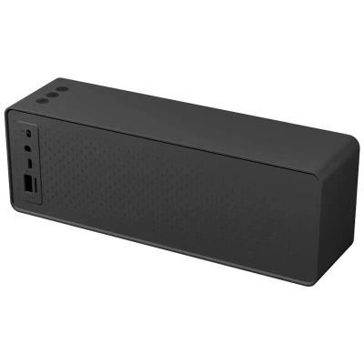 Coluna de som portátil preta retangular com portas USB e entrada de áudio