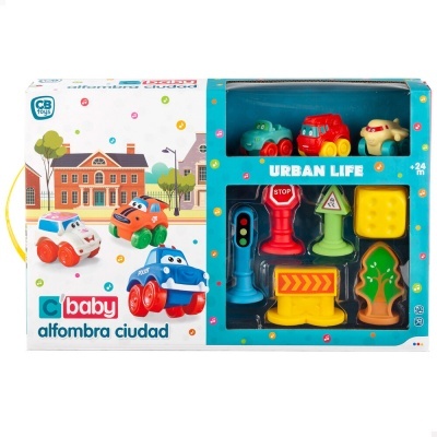 Brinquedos CB Baby com carros e sinais de trânsito em caixa com janela e ilustrações