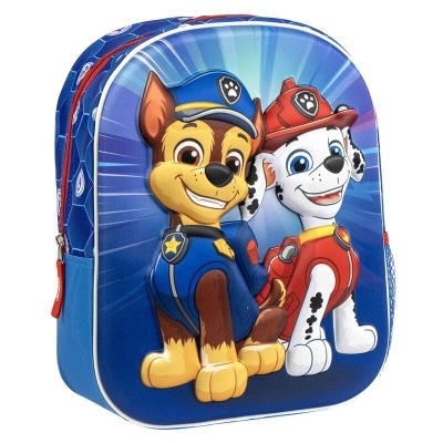 Mochila infantil azul com dois personagens de desenho animado e fecho vermelho