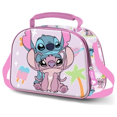 Mala infantil rosa com personagens Stitch e desenhos coloridos