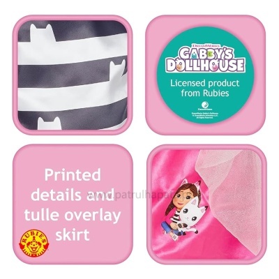 Detalhes de tecido e texto de produto Gabby's Dollhouse da Rubies mostrados em quatro quadrados cor-de-rosa