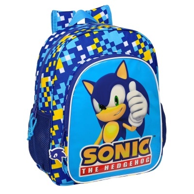Mochila infantil azul com personagem Sonic e texto SONIC THE HEDGEHOG