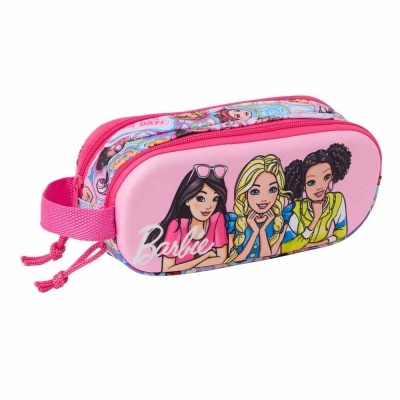 Necessaire rosa com personagens Barbie e fecho de correr cor-de-rosa