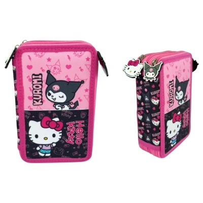Estojo rosa e preto com personagens Kuromi e Hello Kitty