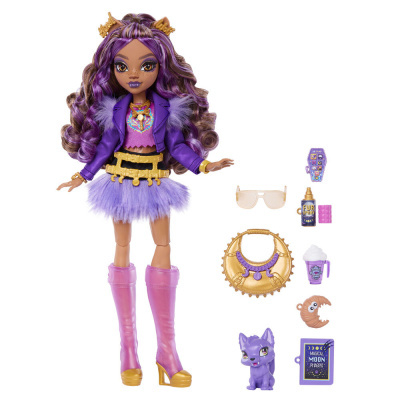 Boneca roxa com roupa fashion e acessórios