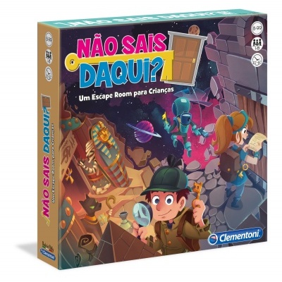 Caixa do jogo 'NÃO SAIS DAQUI?' para crianças com ilustração de exploração de câmara antiga