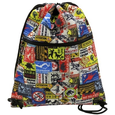 Mochila cordão colorida com padrões de sinais e inscrições de aviso