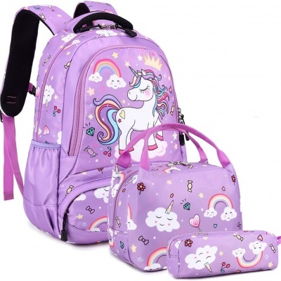 Mochila, saco e estojo lilás com estampado de unicórnio e arco-íris