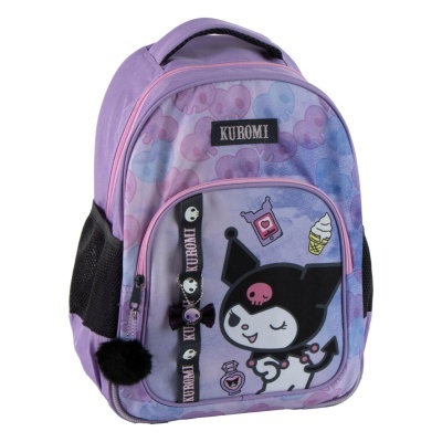 Mochila roxa com estampa de personagem Kuromi e caveiras coloridas