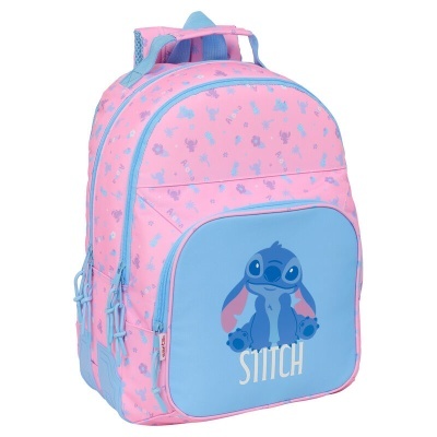 Mochila infantil rosa e azul com personagem Stitch desenhado