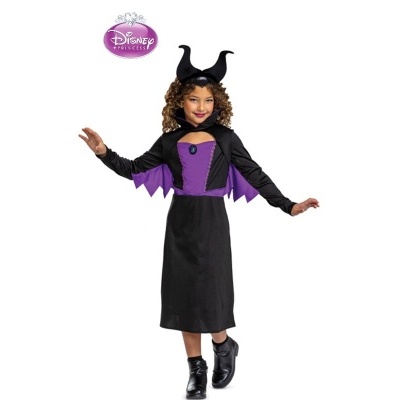 Vestido infantil Maléfica Disney preto e roxo com chapéu de chifres