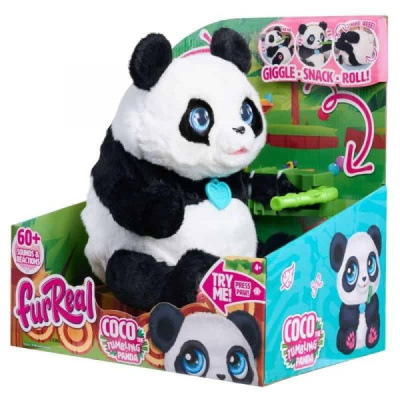 Pelúcia FurReal Coco the Tumbling Panda branca e preta na embalagem colorida