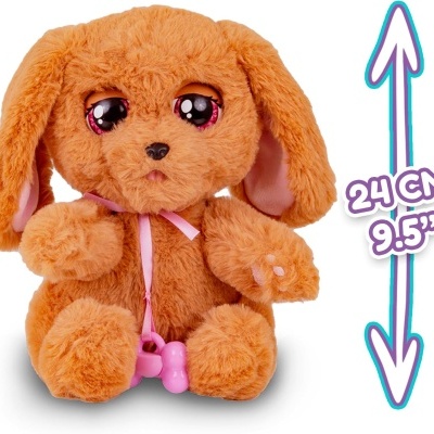 Pelúcia cão castanho claro com olhos grandes, laço rosa e osso cor-de-rosa