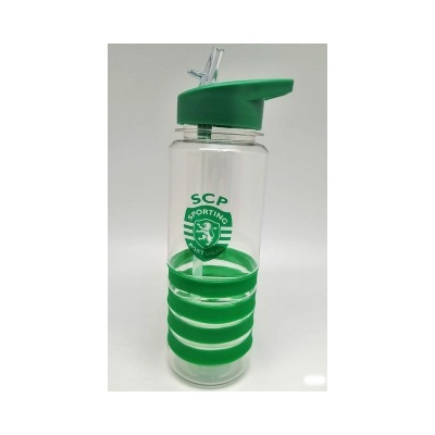 Garrafa de plástico transparente e verde com logótipo do Sporting CP