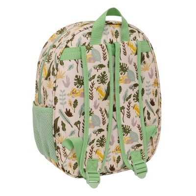 Mochila infantil estampada com tigres e folhas verdes.