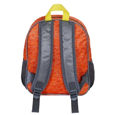 Mochila infantil laranja com padrão de nuvens, alças cinzentas e pega amarela