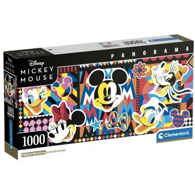Caixa de quebra-cabeças Disney Mickey Mouse com 1000 peças, imagem colorida dos personagens e padrões geométricos.