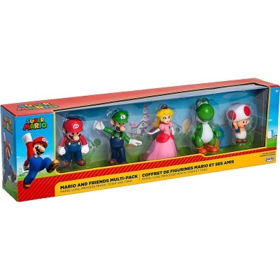 Caixa com figuras de Super Mario e amigos em plástico colorido