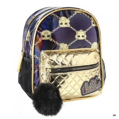 Mochila pequena LOL Surprise com bolso frontal dourado e padrão de personagens