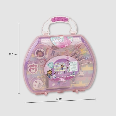 Estojo mala de plástico translúcido lilás com canetas coloridas e tema de desenhos animados